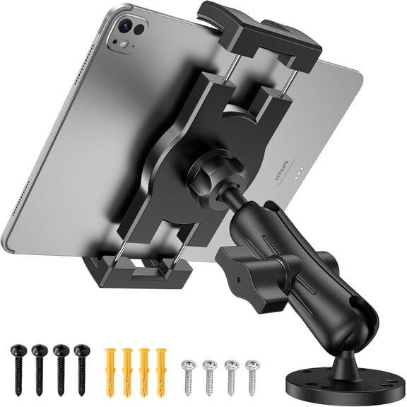 Industrial Tablet Mount for Truck&Vehicle Heavy Duty Drill Base iPad Mount Holder for Car Adjustable Aluminum Arm Compatible w/ 4.7"-12.9" Devices Perfect for Dashboard Boats WallsBlack
