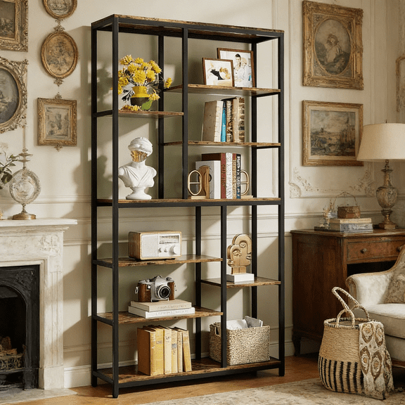 Industrial Tall 7 Shelf Bookcase 78.7 Inch High Metal Frame Rustic Open Back Design Extra Large Storage Unit Modern Loft Style Room Divider for Living Room Apartment Home Office Library Media Display