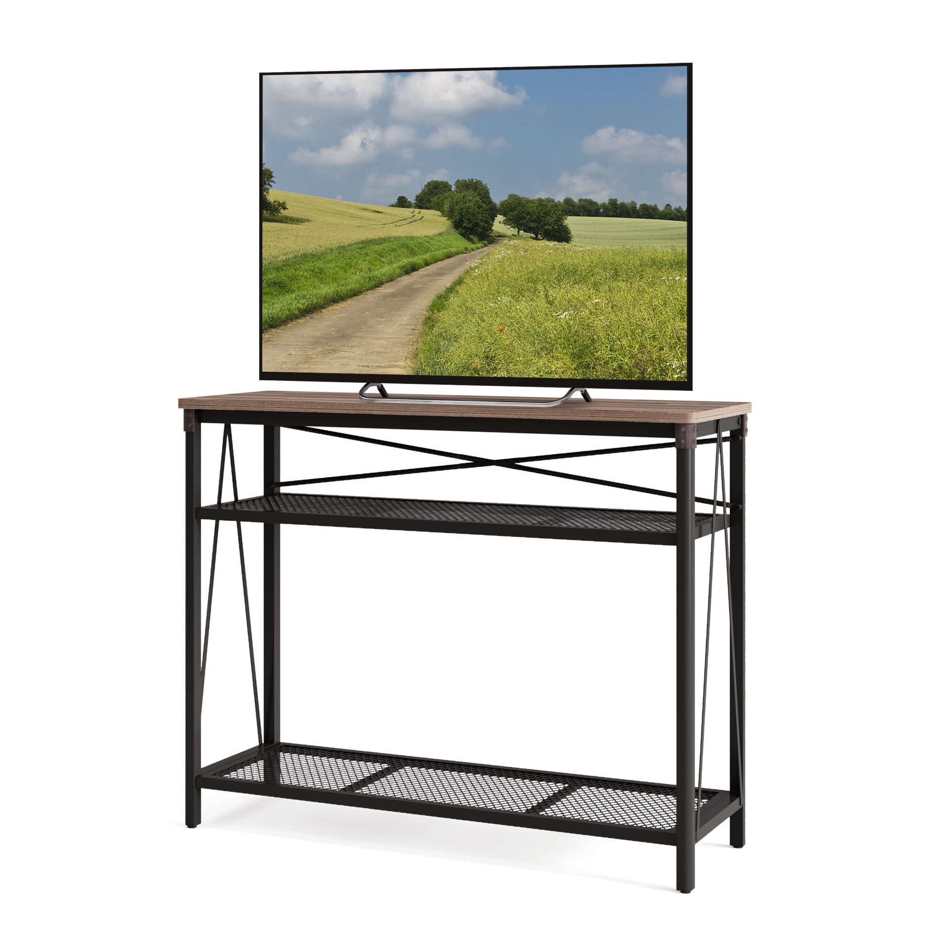 Industrial Tall Entertainment Center With Metal Mesh Shelves For Living industrial-tall-entertainment-center-with-metal-mesh-shelves-for-living