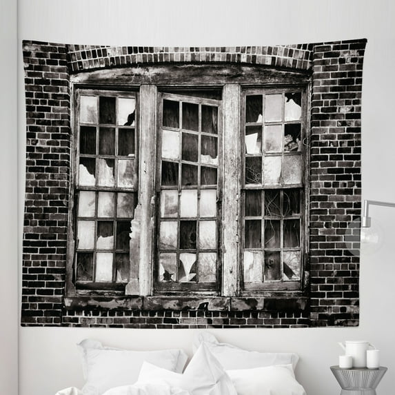Industrial Tapestry, Broken Window Missing Glass Pane Derelict Blight Factory Brick Wall, Fabric Wall Hanging Decor for Bedroom Living Room Dorm, 5 Sizes, Charcoal Grey Pale Grey, by Ambesonne