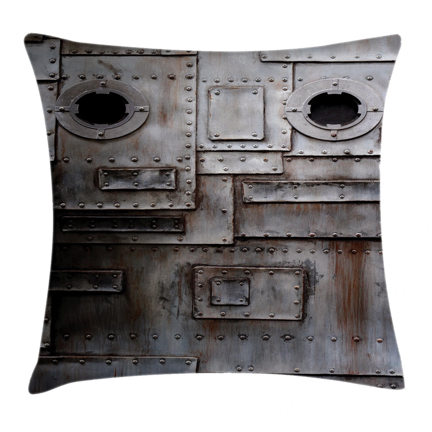 View of Industrial Throw Pillow Cushion Cover, Rusty Stylized Iron Porthole ...