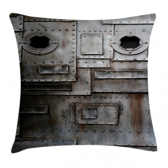 Industrial Throw Pillow Cushion Cover, Rusty Stylized Iron Porthole Grunge Scratched Steel Factory Entrance Retro Image, Decorative Square Accent Pillow Case, 16 X 16 Inches, Dark Taupe, by Ambesonne