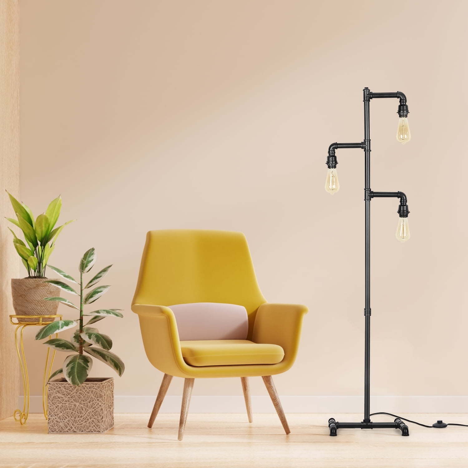 Industrial Tree Floor Lamp with 3 Adjustable Rotating Lights, E26 Edison Bulb Floor Lamp for Living Room, Bedroom, Home, Office(Bulb not Included) (Black)
