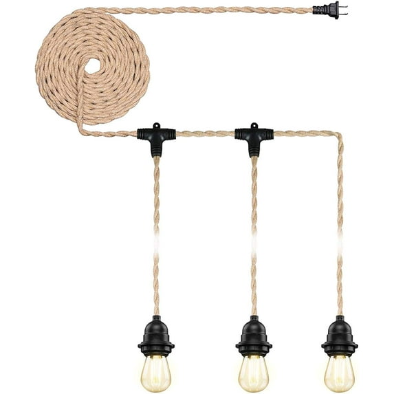 Industrial Triple Ceiling Pendant Light,Vintage Waterproof Hanging Light Kit Fixture with Plug in Hemp Rope Cord,DIY Outdoor Fireproof Chandelier for Garden, Backyard,Living Room (UL Listed,E26)