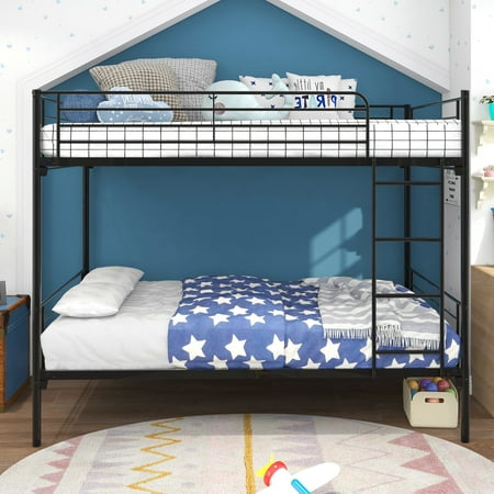 Industrial Twin Over Twin Bunk Bed Frame with Slat& Ladder Heavy Duty Metal Bed Frame