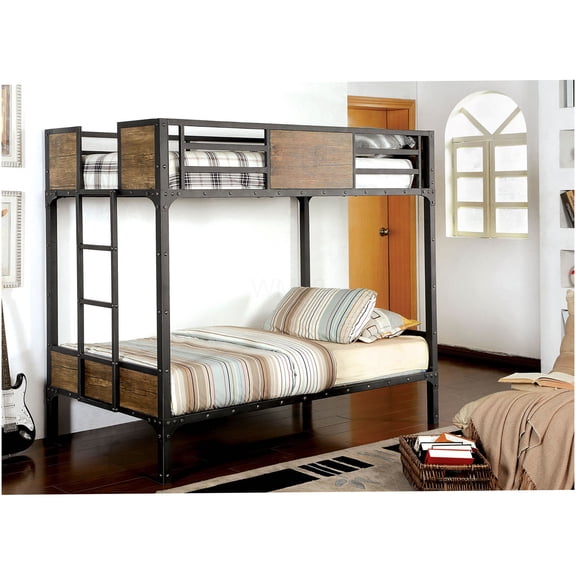 Industrial Twin over Twin Bunk Bed with Wood Panels, Metal Frame & Attached Ladder, Black Space-Saving Bedroom Solution