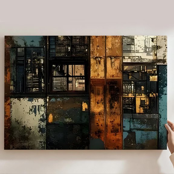 Industrial Urban Collage Framed Canvas Prints Wall Art, Rustic Distressed Building Window Wall Decor, Vintage Home Decor For Living Room Bedroom Office, Modern Abstract Cityscape Gift 24*36inch(60*90