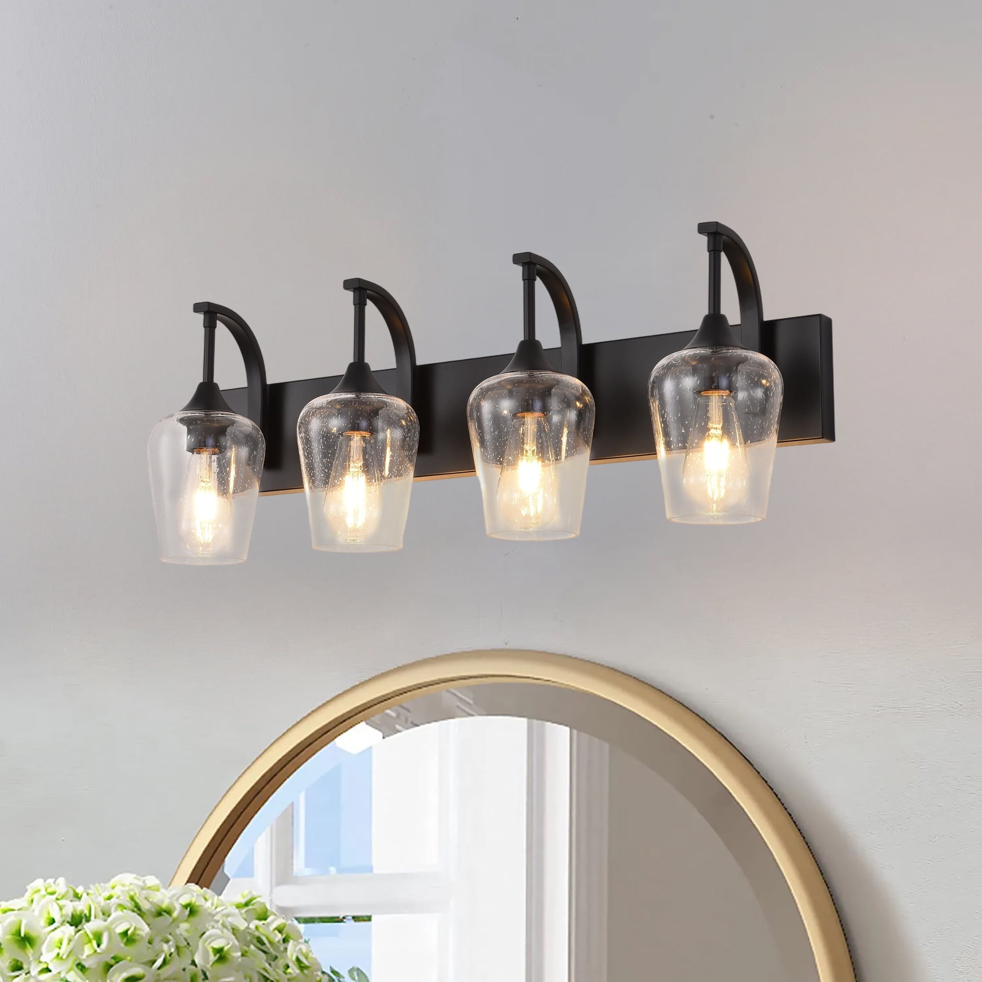 Industrial Vanity Light with Seed Glass Shades - 4-Light Matte Black Sconce for Bathroom & Bedroom