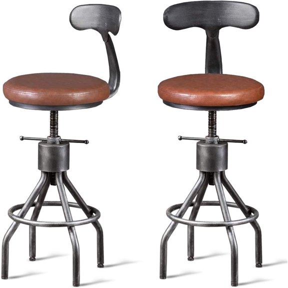 Industrial Vintage Bar Stool, Kitchen Counter Height Adjustable Pipe Chair, Cast Iron Stool, Swivel Bar Stool with Backrest, Silver, Fully Welded Set of 2 Brown Upholstered