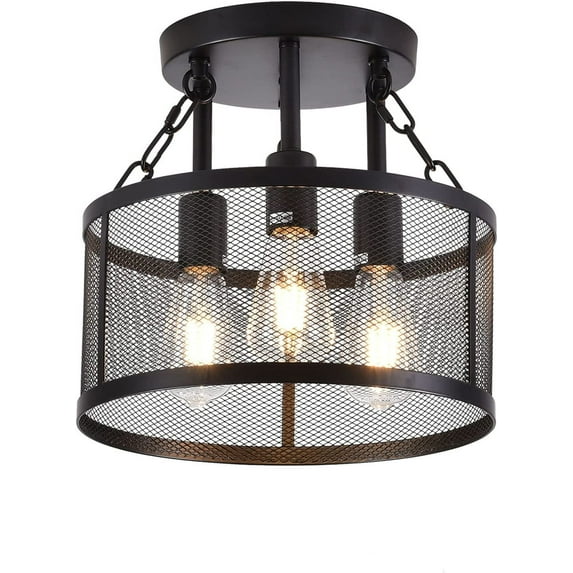 Industrial Vintage Caged 3-Light Semi Flush Mount Ceiling Light with Metal Mesh Shade Black