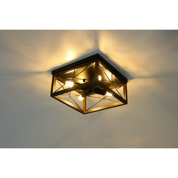 Industrial Vintage Ceiling Light, 13-Inch Square Wood & Iron Fixture with Baking Paint Finish, 4 E26 Sockets & 86ft Coverage, Ideal for Kitchens, Hallways, and Farmhouse Interiors