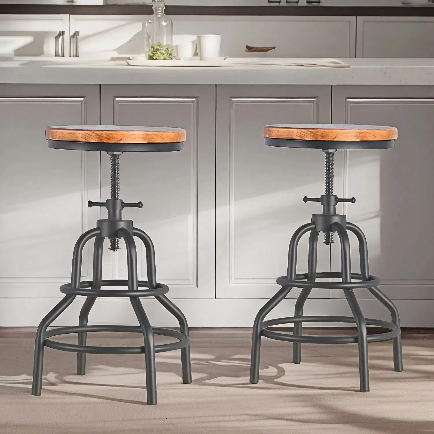 Diwhy Industrial Vintage Counter Stools - Set Of 2, Adjustable Height 20.47-26.77 Inch, Black PU