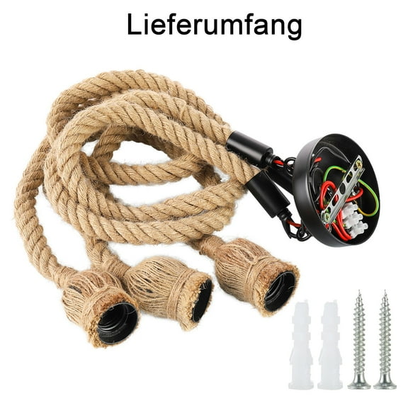 Industrial Vintage Hemp Rope Ceiling Lamp with 3 E27 Lamp Holders Hand Woven Retro Chandelier Earth Yellow 1m Length for Home Bar Restaurant