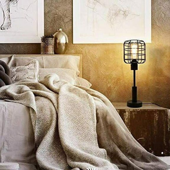 Industrial Vintage Metal Shade Cage Table Lamp for Bedroom, Living Room, Office