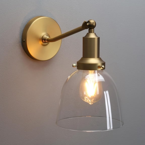Industrial Vintage Slope Pole Wall Mount Single Sconce with 6.7" Oval Dome Clear Glass Shade Antique Gold Wall Sconce Light Fixture