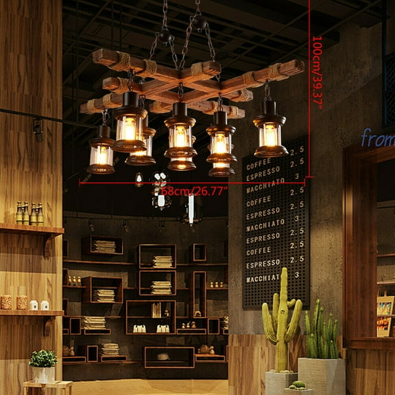 Industrial Vintage Wooden Hanging Pendant Light Fixture 8Lights E27 Bulb Farmhouse Chandelier Wood Loft Lantern for Coffee Shop Restaurant Pool Table Kitchen Island Bar Pendant Light Fixture Farmhouse