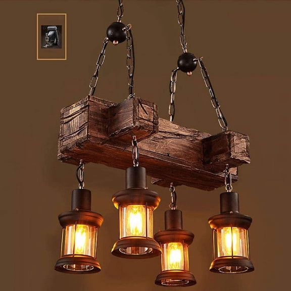 Industrial Vintage Wooden Hanging Pendant Light Retro Loft Lantern Chandelier 4 Lights Suspension Lighting Fixture for Coffee Shop Restaurant