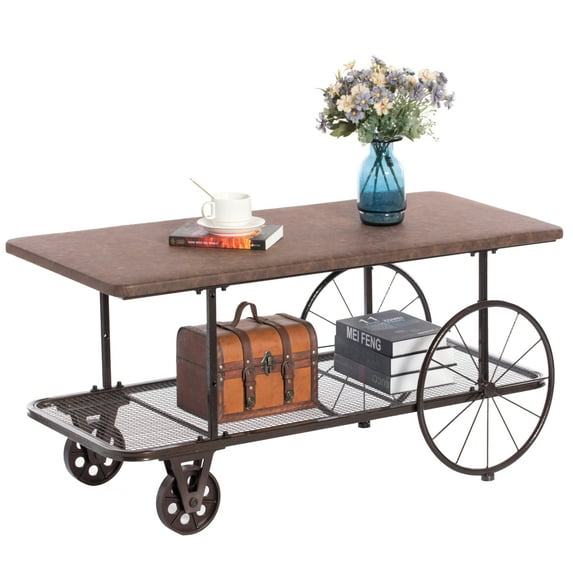 Industrial Wagon Style Coffee Table Rustic End Table Magazine Holder