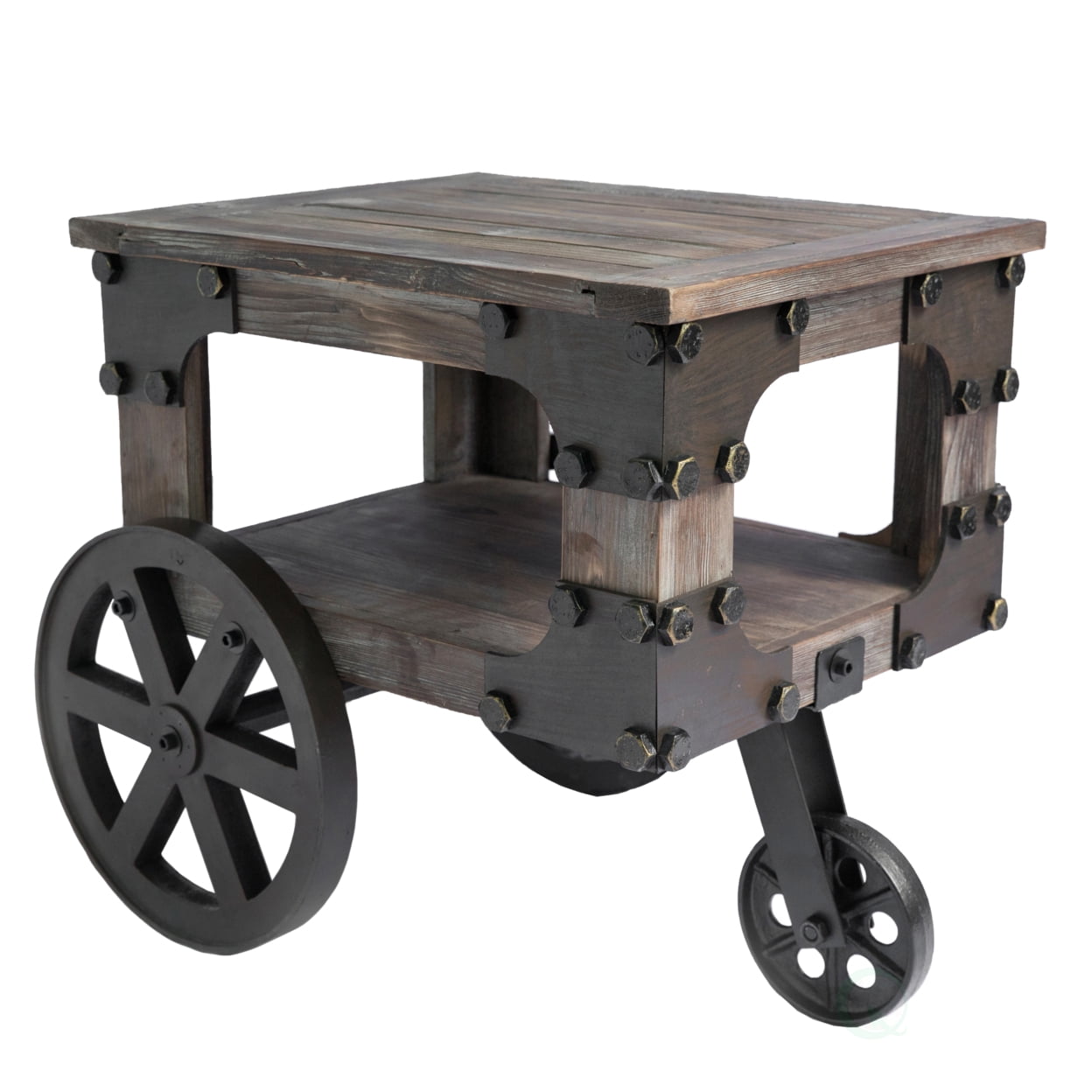 Industrial Wagon Style Small Rustic End Table with Storage Shelf and ...