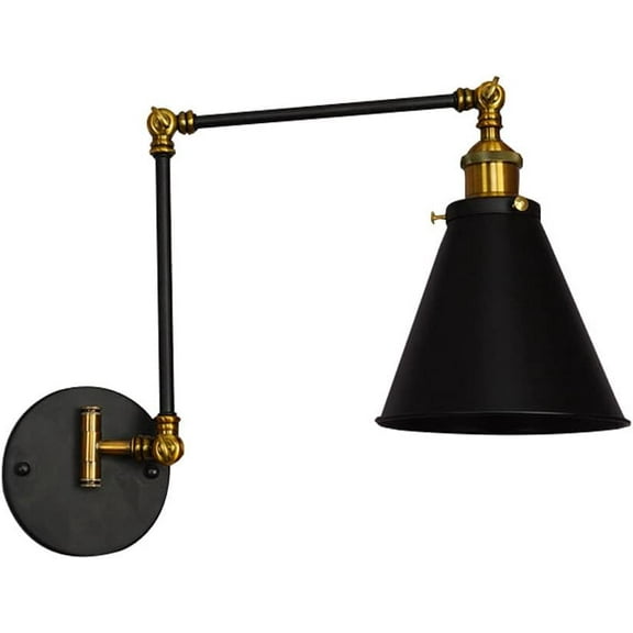Industrial Wall Light Adjustable Arm Metal Wall Sconce Farmhouse Headboard Lamp, Vintage Black+Gold Wall Mount Reading Lights E27 Wall Lamps for Bedroom Living Room Study