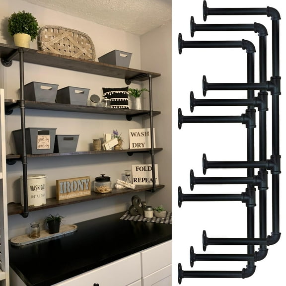 Industrial Wall Mount Iron Pipe Shelf Bracket Vintage Retro Black DIY Open Bookshelf, Storage Shelves, Ceiling hung Shelves for Home Kitchen Office(3PcsX4Tier,42" Tall,12"deep,Hardware Only)