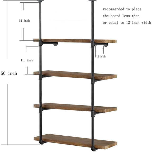 Industrial Wall Mount Iron Pipe Shelf Hardware Kit 4 Tier Storage Bracket Black for Bookcase Office Kitchen
