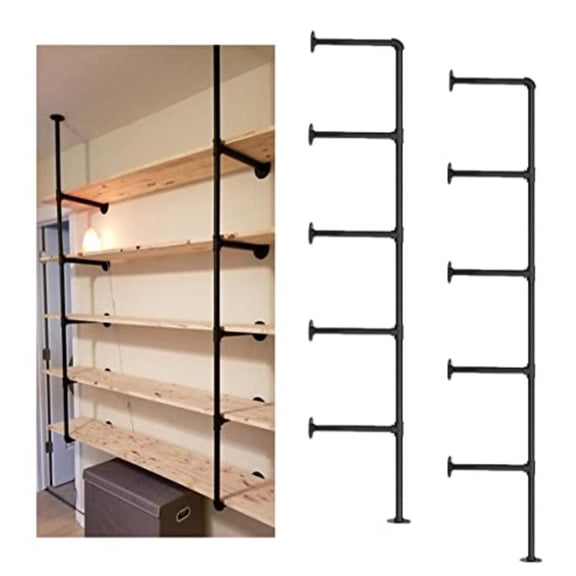 Industrial Wall Mount Iron Pipe Shelf Shelves Shelving Bracket Black Vintage Retro Ceiling Hung Shelf DIY Open Bookshelf Storage for offcie Room Kitchen 2PcsX5Tier68 Tall 10 deep Hardware Only