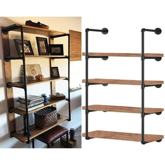 Industrial Wall Mount Iron Pipe Shelf Shelves Shelving Bracket Black Vintage Retro Ceiling Hung shelf DIY Open Bookshelf Storage for offcie Room Kitchen (2PcsX5Tier,56" Tall,12"deep,Hardware Only)