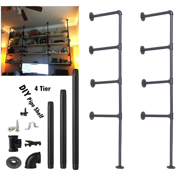 Industrial Wall Mount Iron Pipe Shelf Shelves Shelving Bracket Vintage Retro Ceiling Hung shelf DIY Open Bookshelf Storage for office Room Kitchen (2PcsX4Tier,56" Tall,12"deep,Hardware Only)