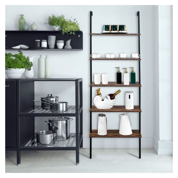 Industrial Wall Mounted Bookcase, 5-Tier Ladder Shelf, Metal Frame, 23.6"L x 11.8"W x 70.9"H
