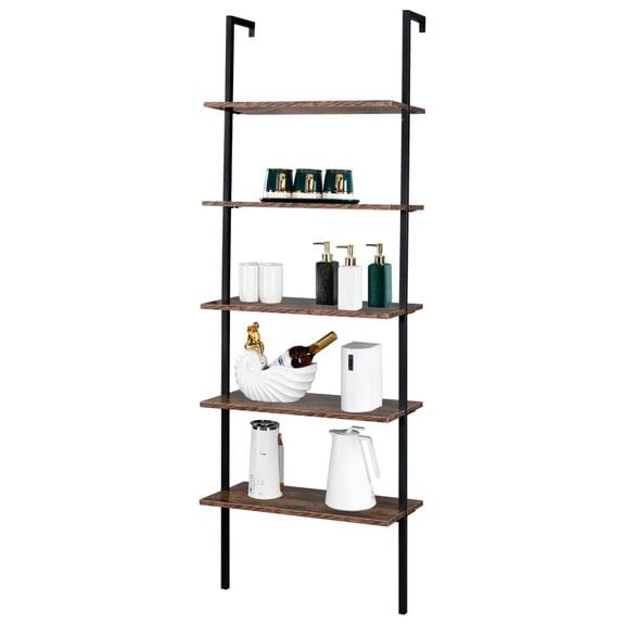 Industrial Wall Mounted Bookcase 5-Tier Open Ladder Shelf Bookshelf with Metal Frame  23.6” L x 11.8” W x 70.9” H