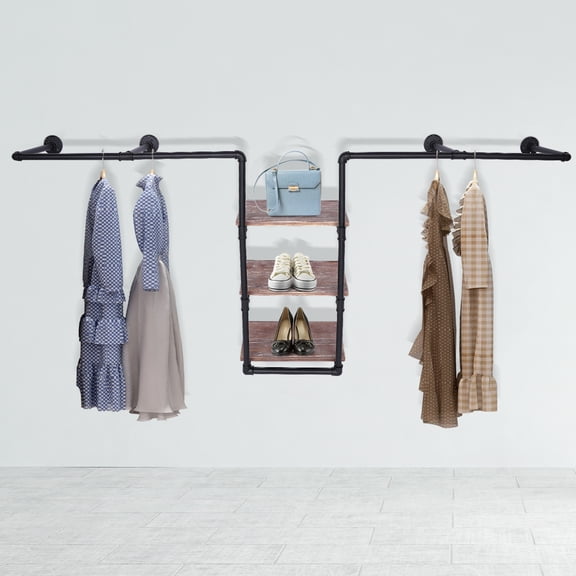 Industrial Wall-Mounted Display Shelf with 3 Wooden Shelves & 2 Hanging Rods - Solid Wood, Galvanized Pipe, Cast Iron, Space-Saving, Easy To Install