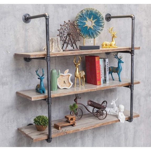 Industrial Wall Mounted Iron Floating Pipe Shelves/Shelving/Racks/Storage/Bookcases/, Open Bookshelves/Shelving for Kitchen/Office, Retro Black,(4-Tier Shelf ,Not Include Planks)