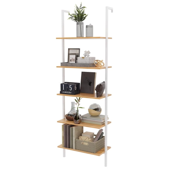Industrial Wall-Mounted Ladder Shelf, 5-Tier Modern Bookshelf with Industrial Metal Frame, Bookcase Organize Plant Flower Display Stand for Kitchen, Living-Room, Bedroom, Office