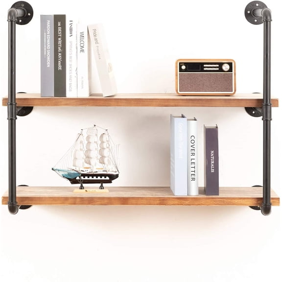 Industrial Wall Mounted Pipe Shelving,Rustic Metal Floating Shelves,Steampunk Real Wood Bookcases,DIY Bookshelf Hanging Shelves,Farmhouse Kitchen Bar Office Home Storage (3-Tier with 2 Boards,36in)
