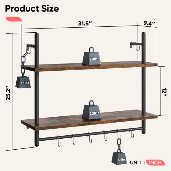 Industrial Wall Mounted Shelf 31 Inch with Towel Bar Hooks, 2-Tier Rustic Brown Pipe Shelf for Kitchen Bathroom Living Room