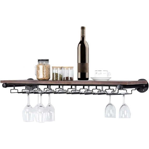 Industrial Wall-Mounted Wine Rack, Wine Glasses Holder Wall Storage Shelves, Steampunk Goblet Hanger Rack for Bar Kitchen Restaurant Living Room
