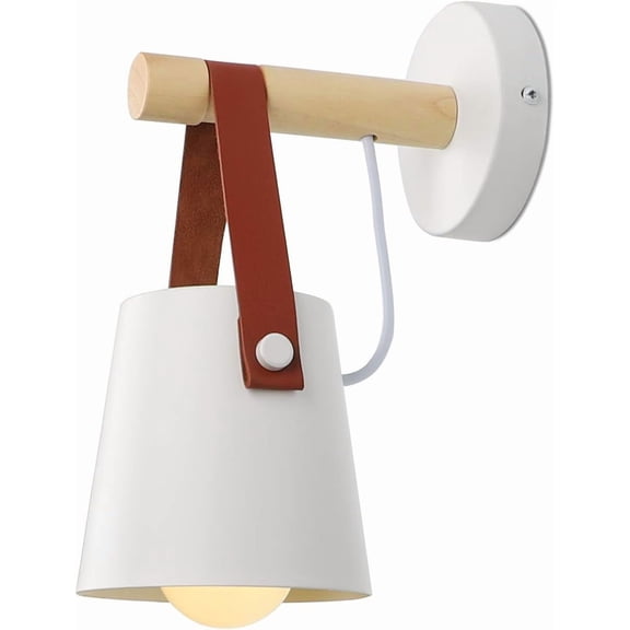 【Industrial Wall Sconce】Brown Leather & Wood Bedside Lamp - Nordic Style Vanity Lighting Fixture (Bulb Not Included)