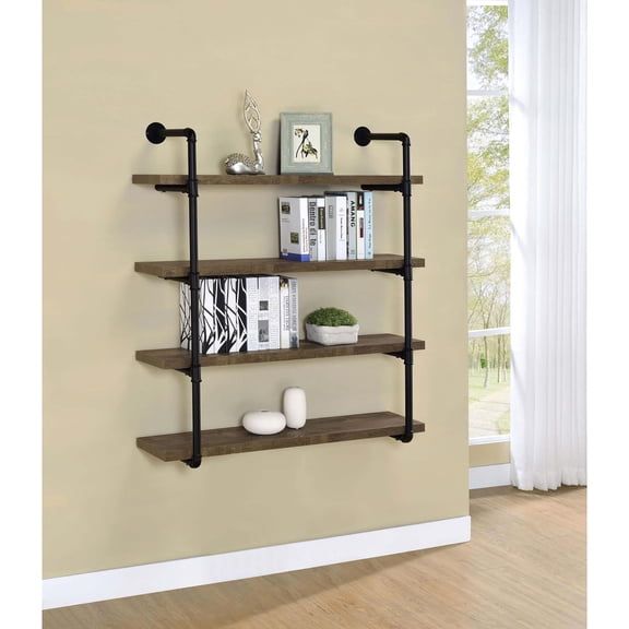 Industrial Wall Shelf for Living Room Display, 40-Inch Black and Rustic Oak Bookshelf with Metal Frame