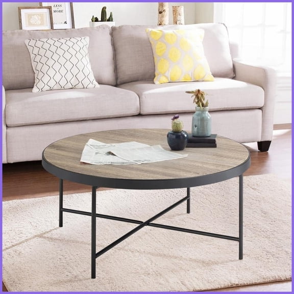 Industrial Weathered Grey Oak & Black Round Coffee Table – Stable X-Support, Ample Surface for Living Room