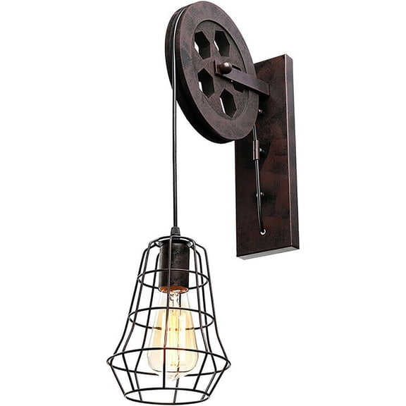 Industrial Wheel Pulley Wall Light Rustic Iron Sconce Hallway Metal Cage Shade Wall Light Fixture Rusty Color 110-220V for Indoor/Outdoo Lighting(Rustic Iron Wall Lamp)