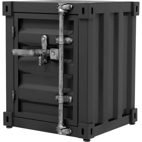 Industrial Wind Bedside Table, Container Style Locker Wrought, Iron Container Side Table with Metal Combination Lock for Bedroom, Living Room, Bar, Office (Black)