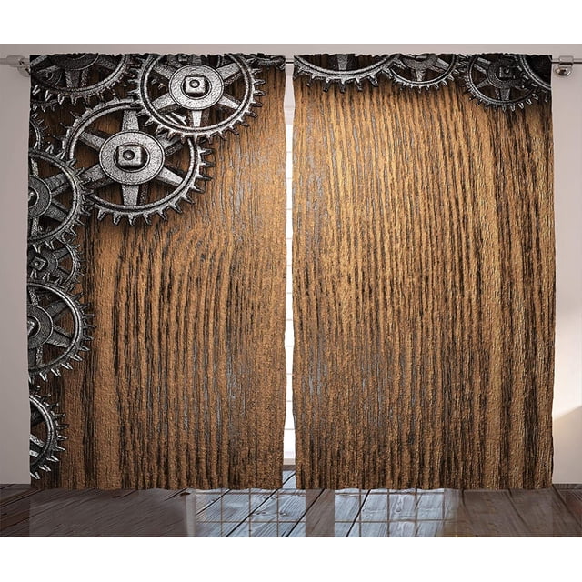 Industrial Window Curtains Gear Wheels on Left Corner Timber Background ...
