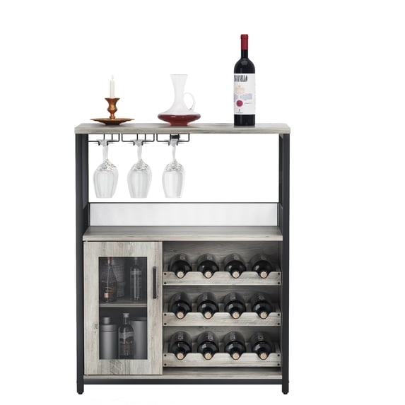 Industrial Wine Bar Cabinet with Adjustable Shelves, Glass Holders, Mesh Door, Detachable Wine Rack, Storage Compartments – Buffet Sideboard for Dining Room, Kitchen, or Living Room, Grey