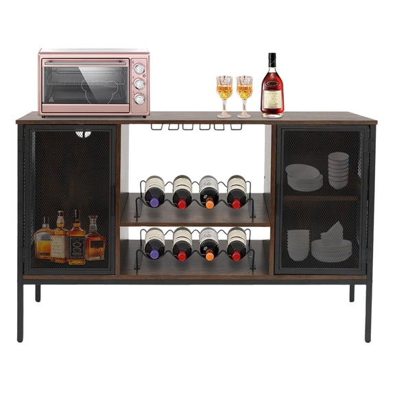 Industrial Wine Bar Cabinet, Coffee Bar Cabinet W/ Wine Rack Glass Holder, Brown Sideboard & Buffet Cabinet Multi-Function Rustic Coffee Bar & Liquor Storage Cabinet