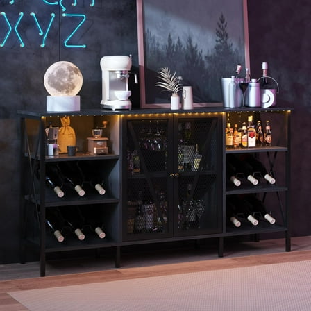 Industrial Wine Bar Cabinet with LED Lighting, 55 Inch Metal Sideboard with Wine Rack, Glass Holder and Mesh Door for Living Room, Dark Grey