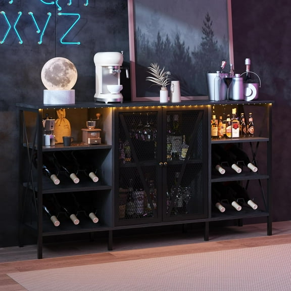 Industrial Wine Bar Cabinet with LED Lighting, 55 Inch Metal Sideboard with Wine Rack, Glass Holder and Mesh Door for Living Room, Dark Grey