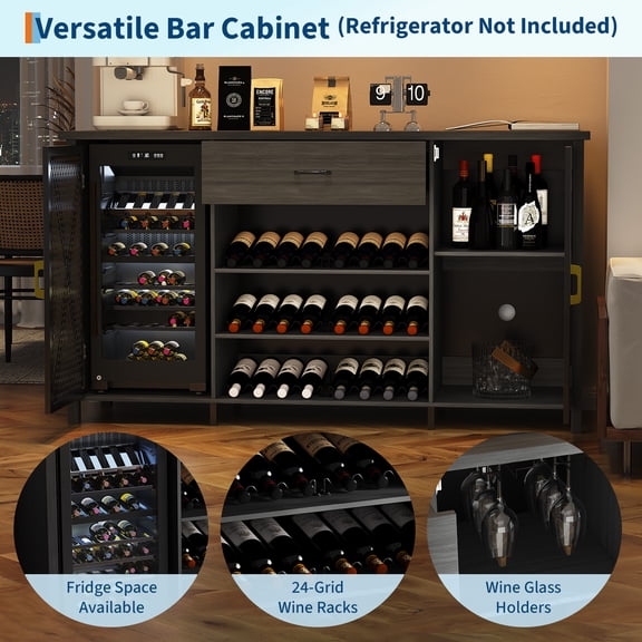 Industrial Wine and Coffee Bar Cabinet 71'' Rustic Black Liquor Sideboard with Wine Racks, Storage Drawer, Buffet for Home Kitchen, Dining or Living Room Color: Black