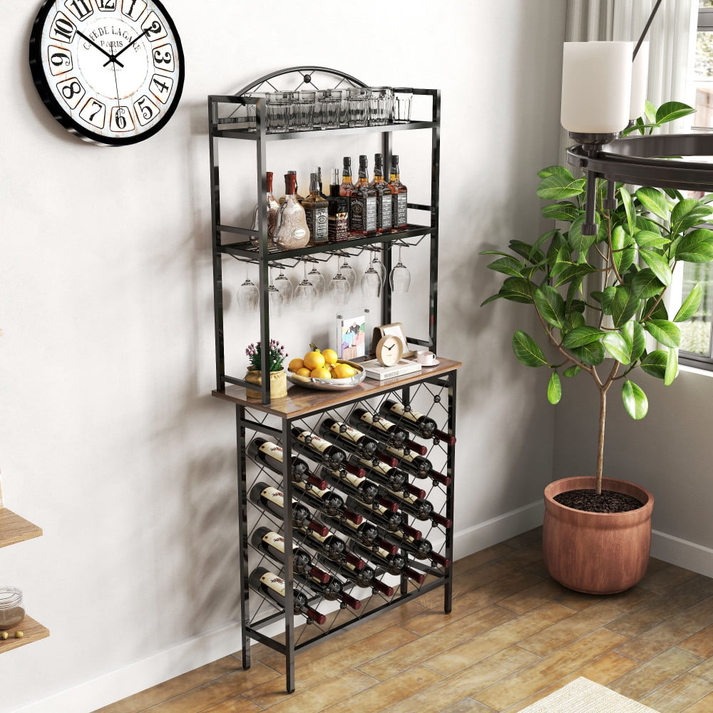 Industrial Wine Rack Bar Table, 3-Tier Liquor Bottle and Glass Holder ...