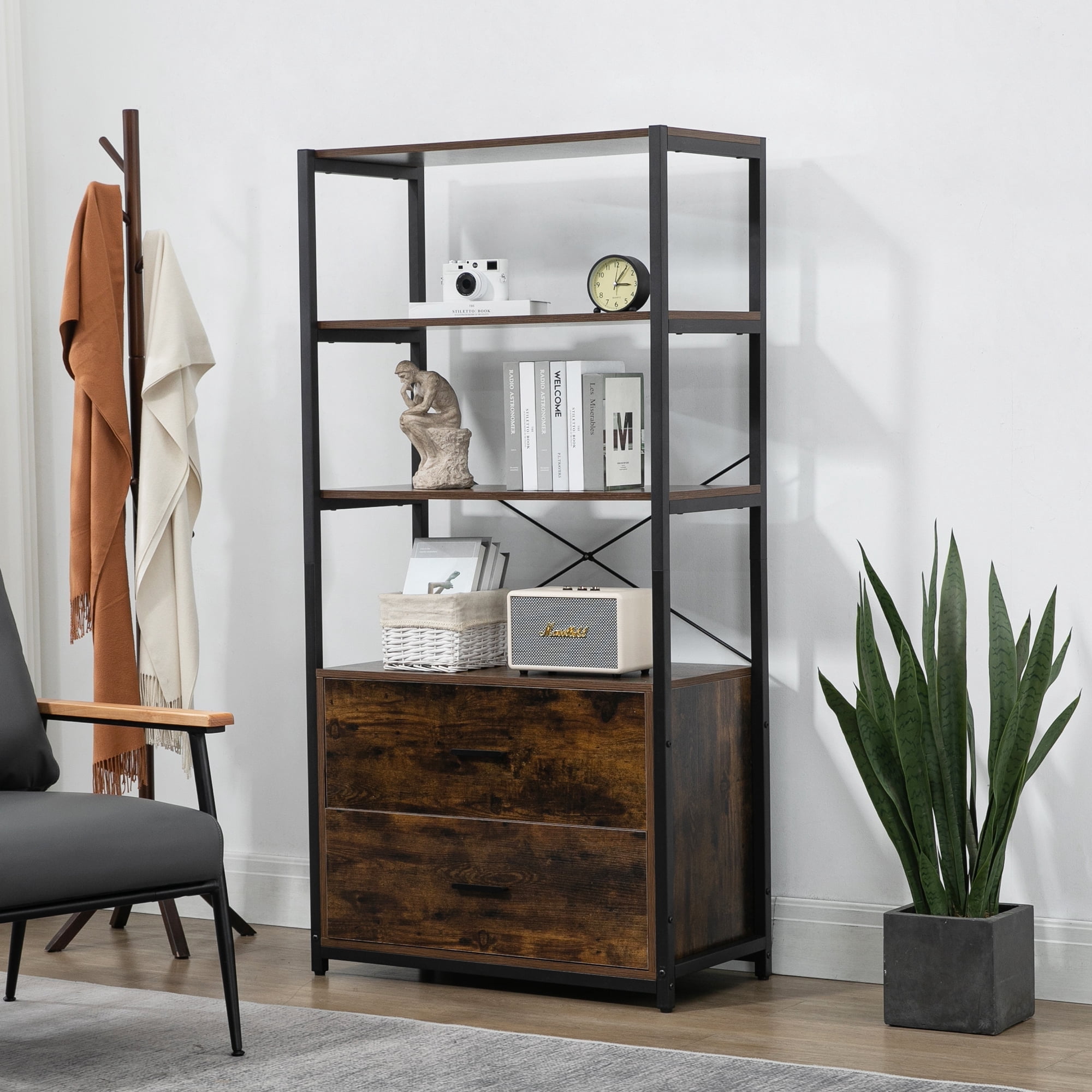 Industrial Metal & Wood Bookcase with Open Shelves, Storage Unit